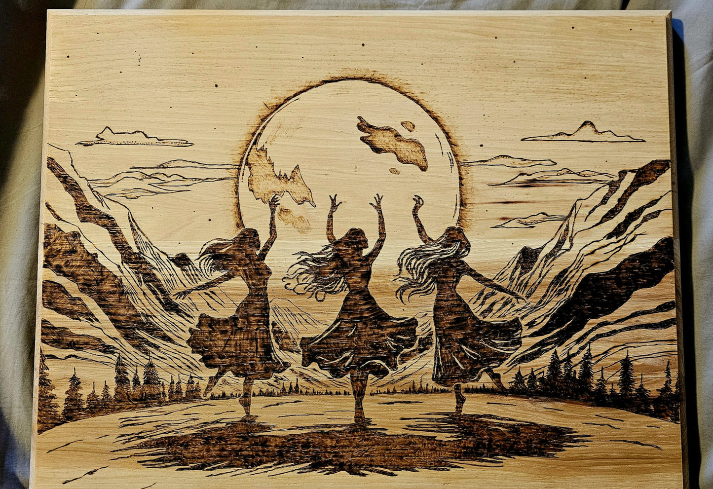 Three Graces - Aglaia, Euphrosyne, Thalia - Dancing by the Moon Woodburning