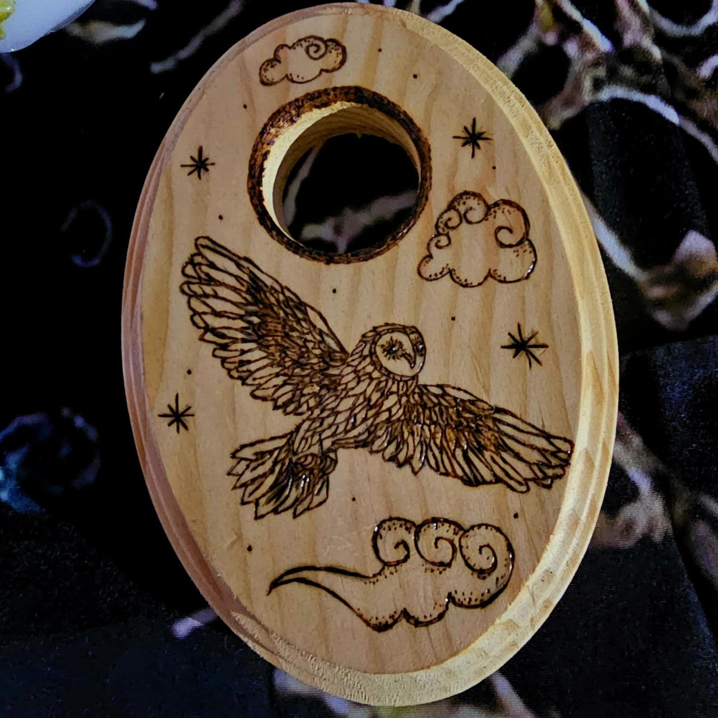 Hand Woodburned Owl Tarot Card Holder with Tealight Holder