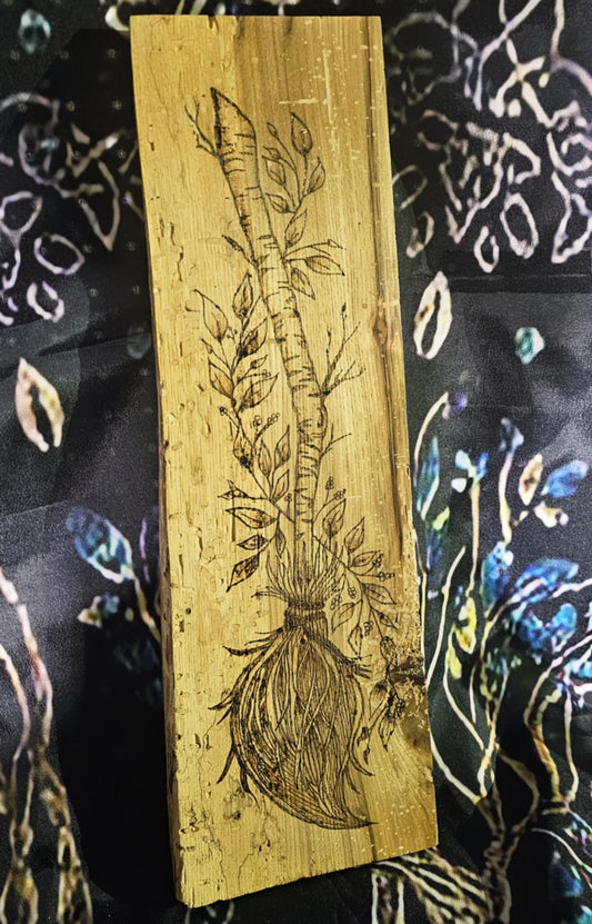 Hand Drawn and Woodburned Witch's Besom (Broom) Wall Hanging