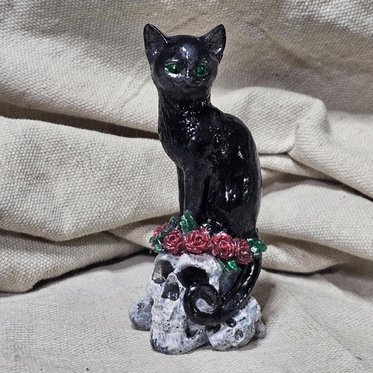 Hand Painted Resin Cat Seated Atop Skull