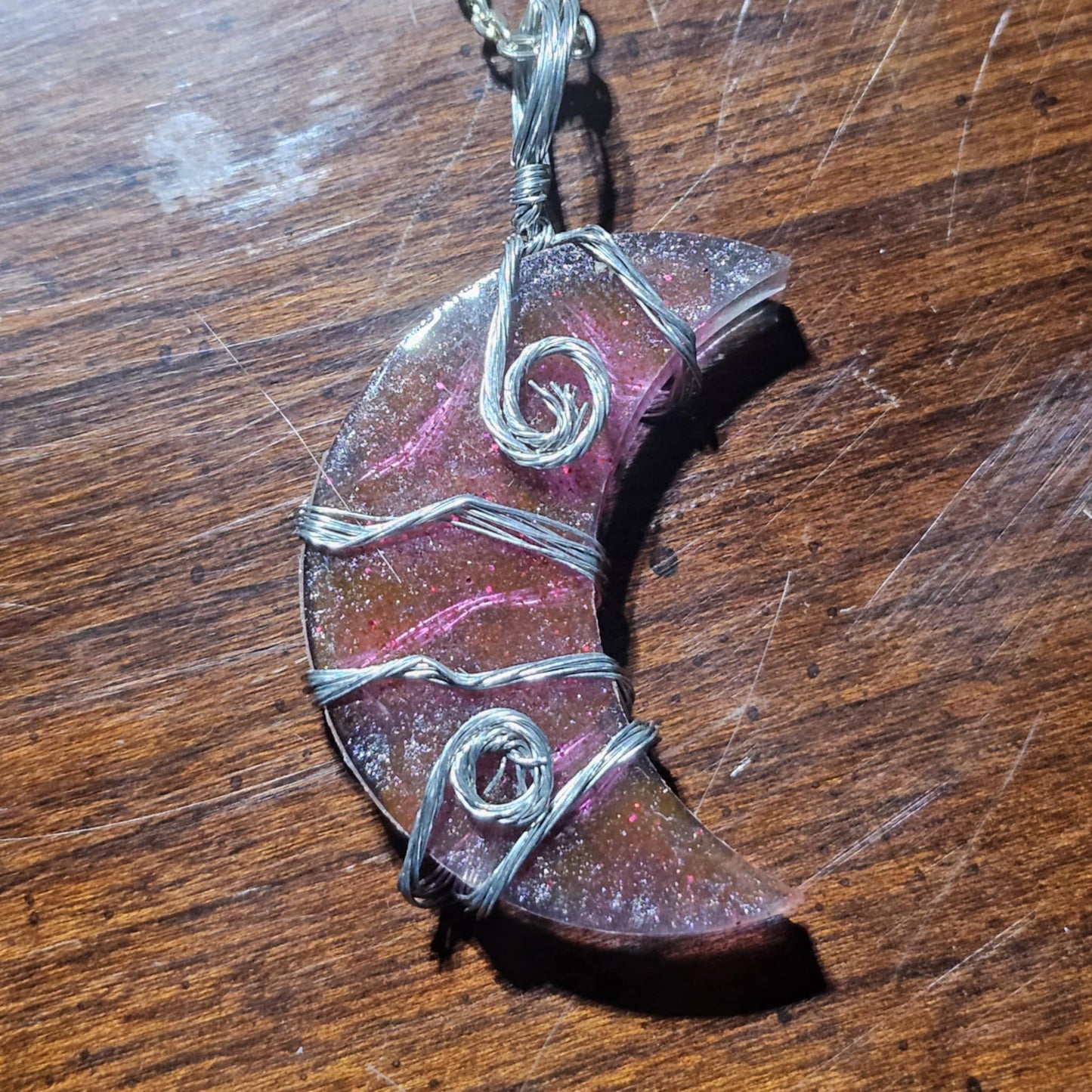 Selenite Infused Resin Moon Wire Wrapped Necklace