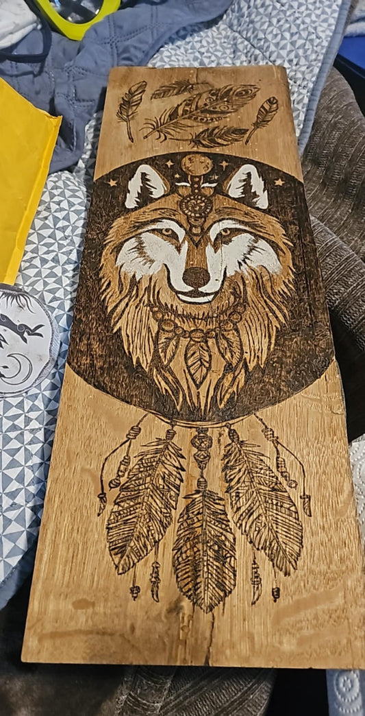 Stunning Woodburned and Hand Painted Spirit Wolf Wall Hanging on Reclaimed Wood