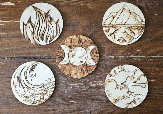 Handcrafted Woodburned Sacred Elements Plaques - Four Styles
