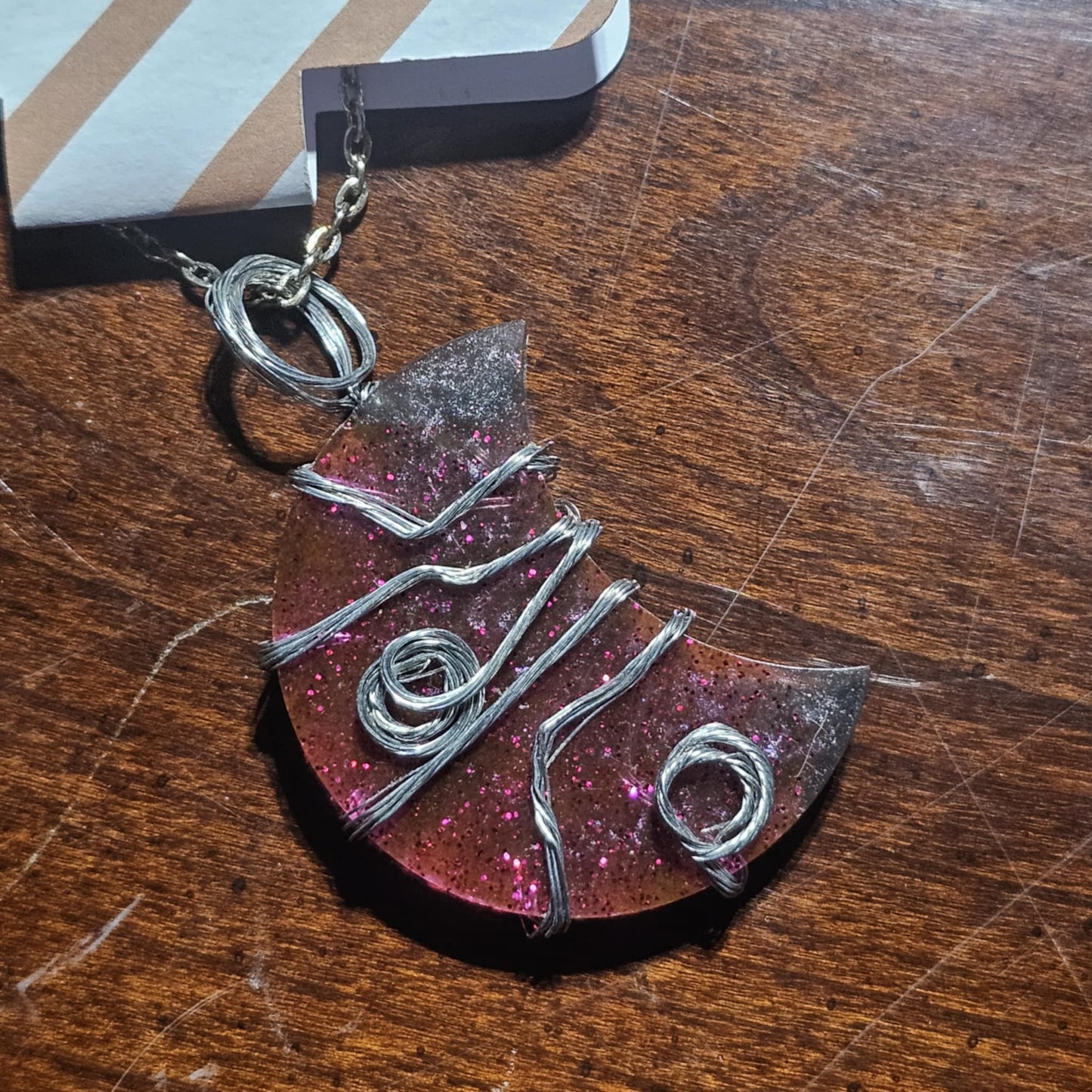 Selenite Infused Resin Moon Wire Wrapped Necklace