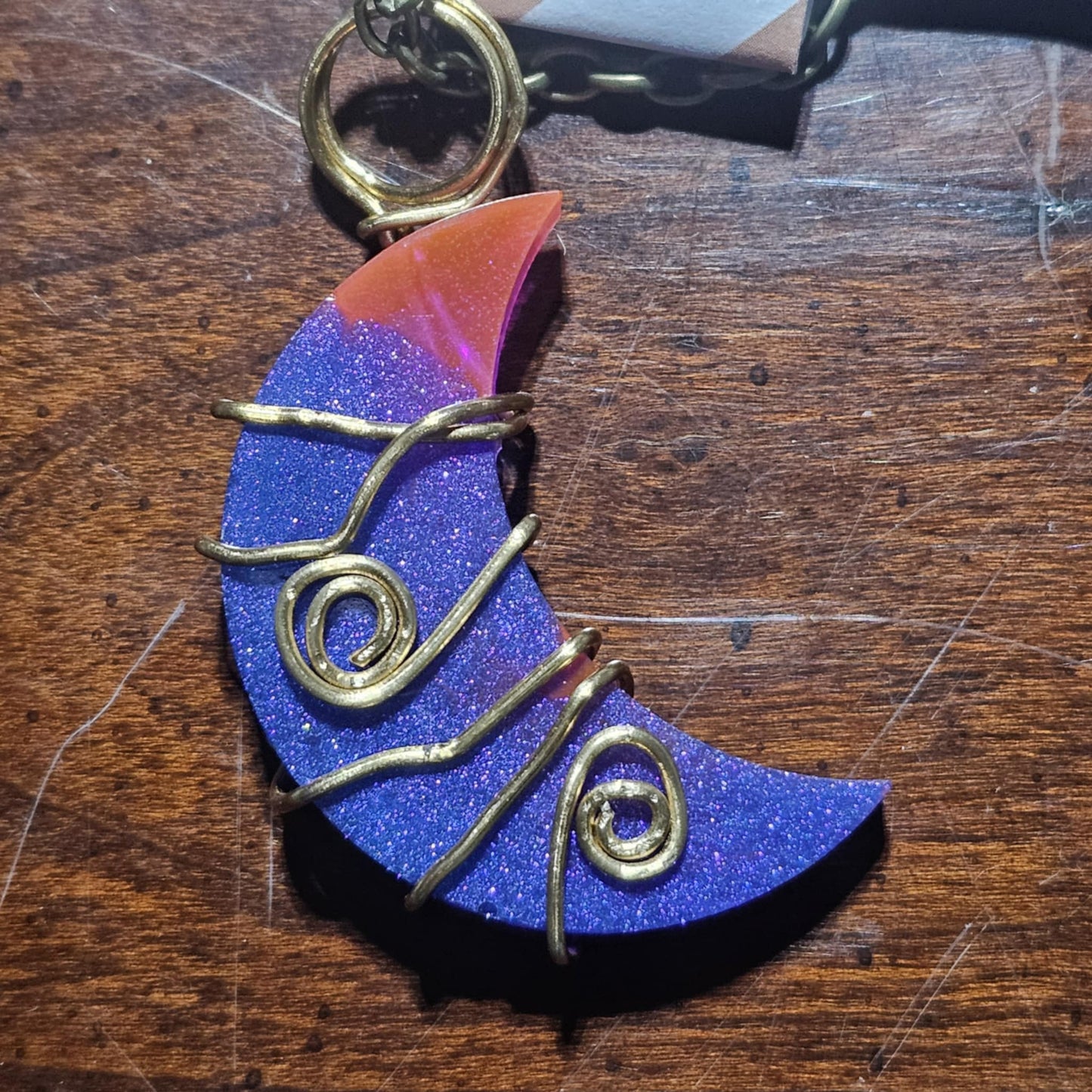 Selenite Infused Resin Moon Wire Wrapped Necklace