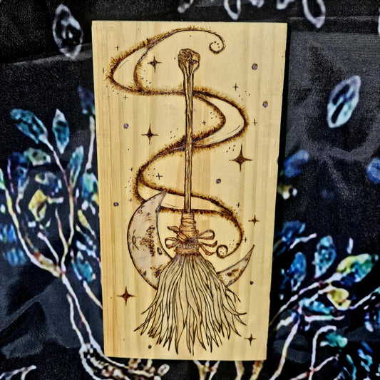 Hand Drawn and Woodburned Witch's Besom (Broom) Wall Hanging
