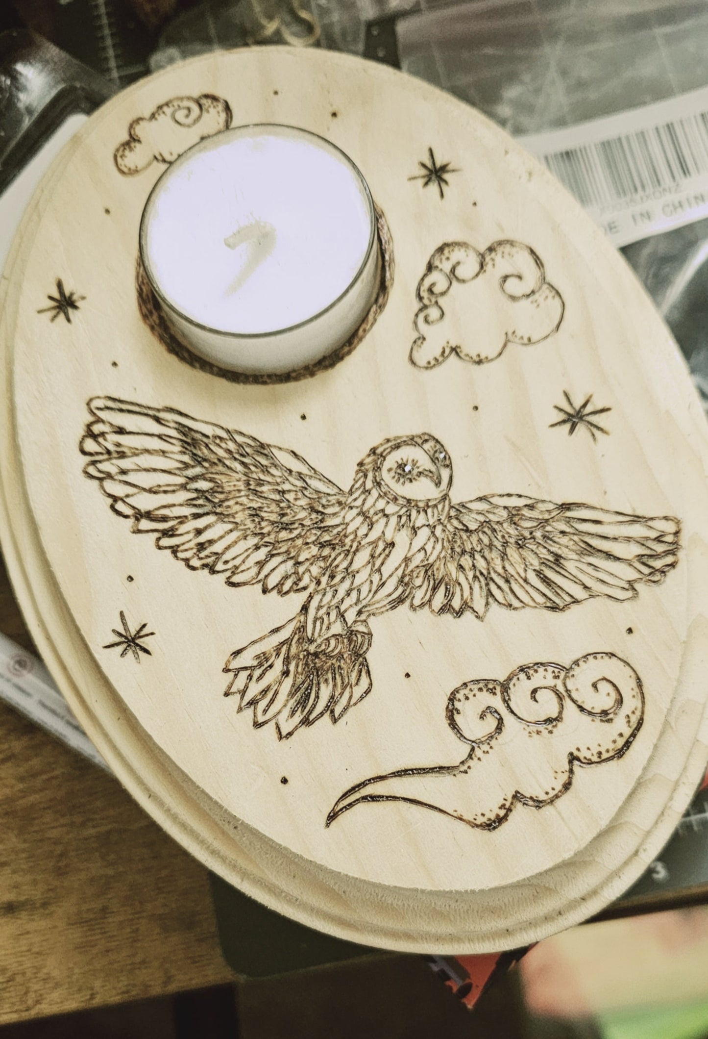Hand Woodburned Owl Tarot Card Holder with Tealight Holder