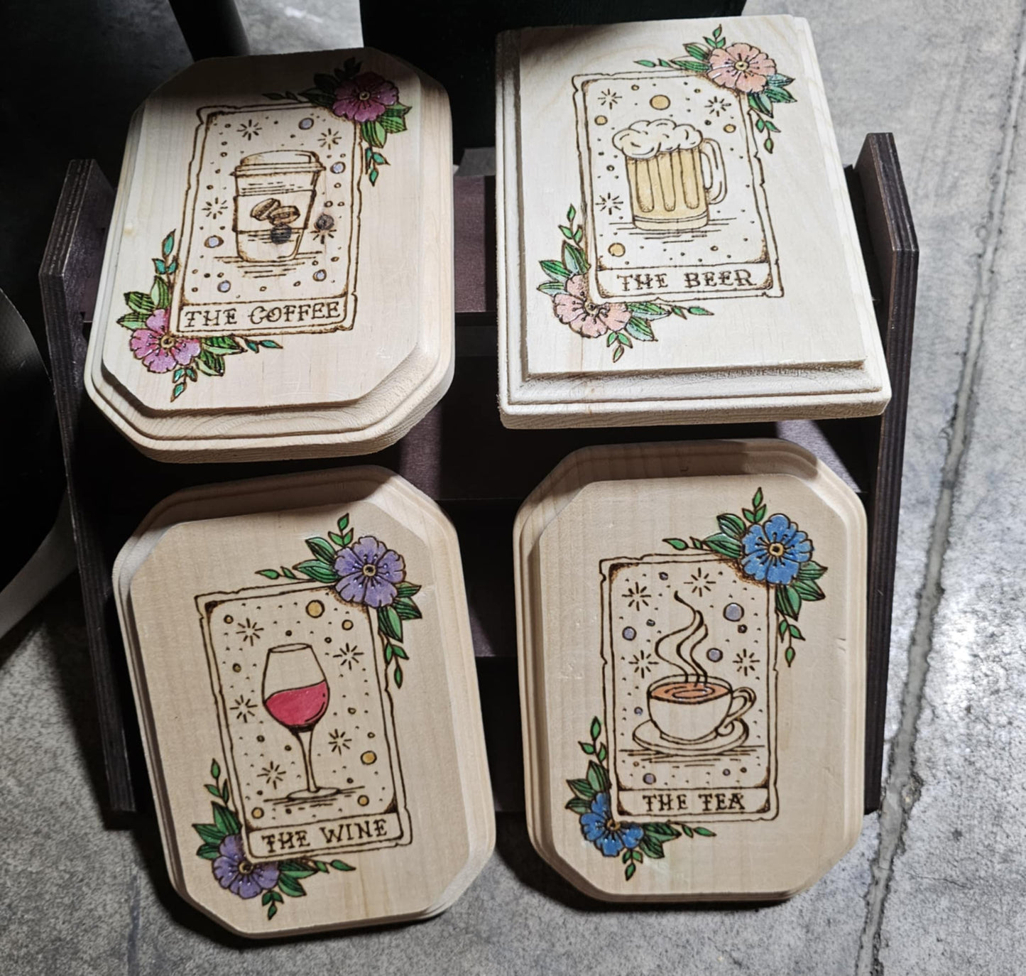 The Coffee, The Beer, The Wine, The Tea Humor Woodburned Tarot Cards