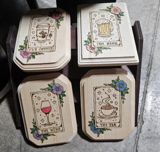 The Coffee, The Beer, The Wine, The Tea Humor Woodburned Tarot Cards