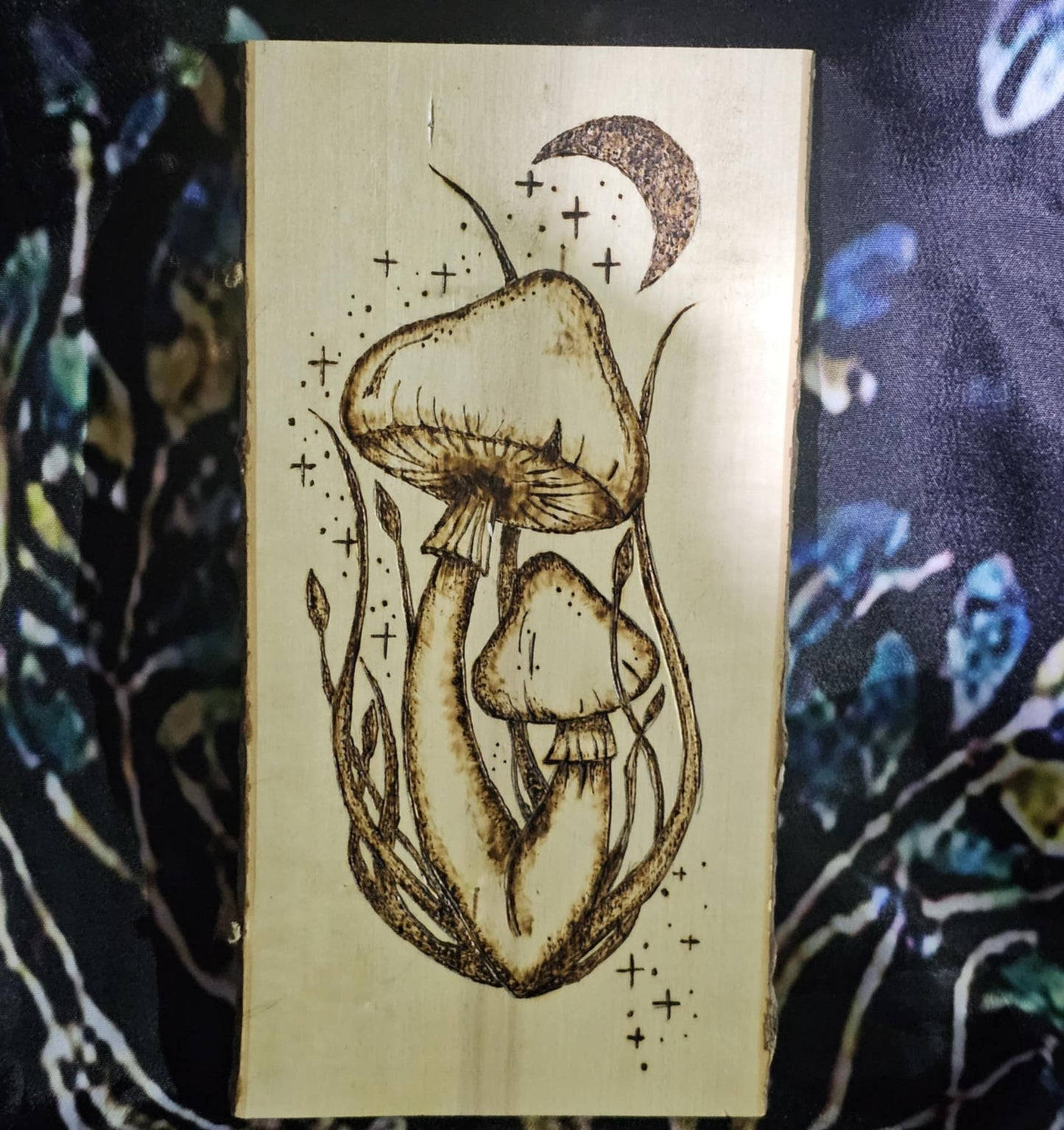 Magic Mushroom and the Moon Woodburning on Reclaimed Wood Wall Hanging