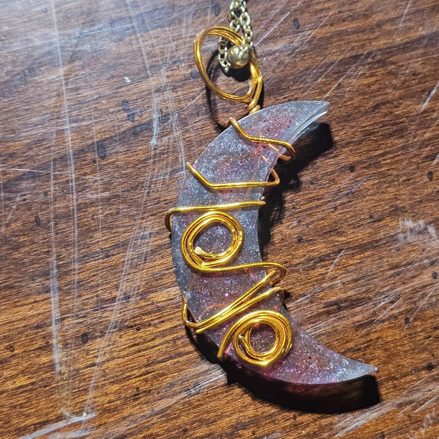 Selenite Infused Resin Moon Wire Wrapped Necklace