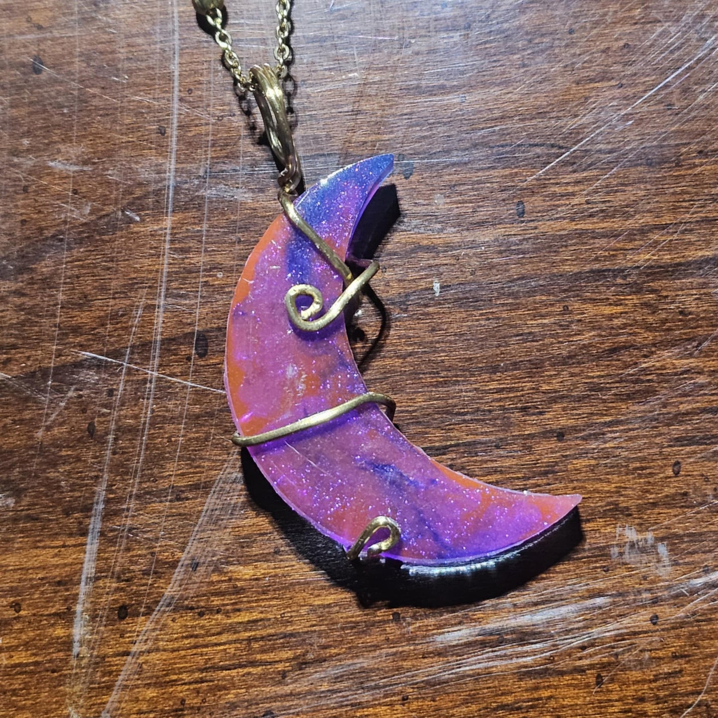 Selenite Infused Resin Moon Wire Wrapped Necklace